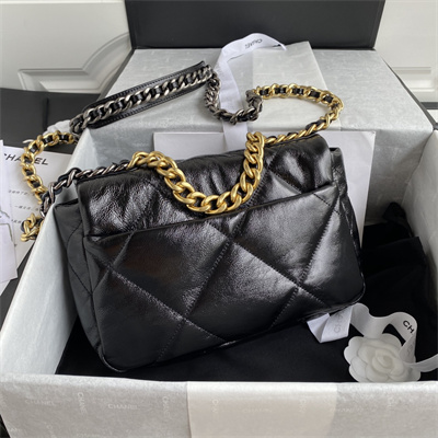 Cha.nel 19 Handbag Shiny Aged Calfskin Gold Double C Metal Black AS1160