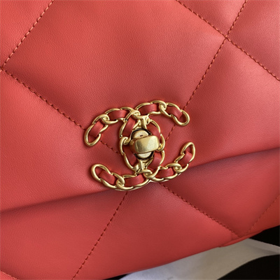 Cha.nel 19 Handbag Lambskin Gold Double C Metal Red AS1160