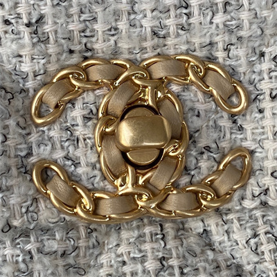 Chanel 19 Handbag Wool Tweed Gold Double C Metal Lt Grey AS1160