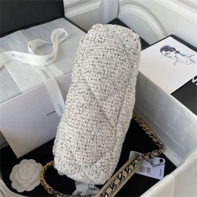 Chanel 19 Handbag Wool Tweed Gold Double C Metal Lt Grey AS1160