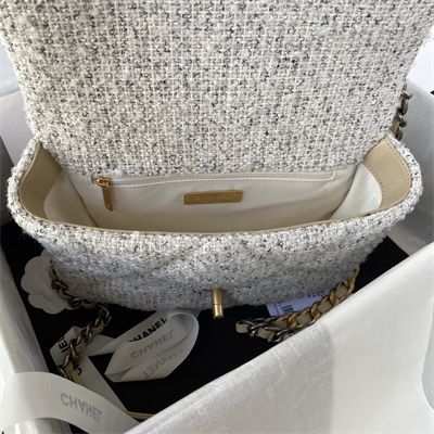 Chanel 19 Handbag Wool Tweed Gold Double C Metal Lt Grey AS1160