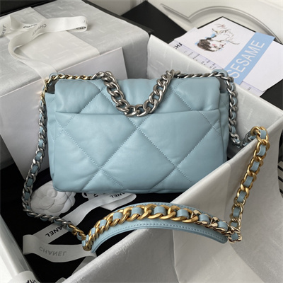Cha.nel 19 Handbag Lambskin Silver Double C Metal Blue AS1160