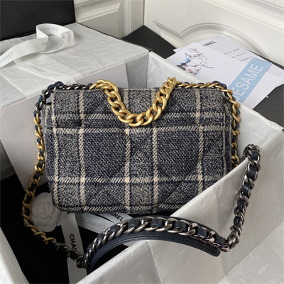 Chanel 19 Handbag Wool Tweed Gold Double C Metal Navy/Beige AS1160
