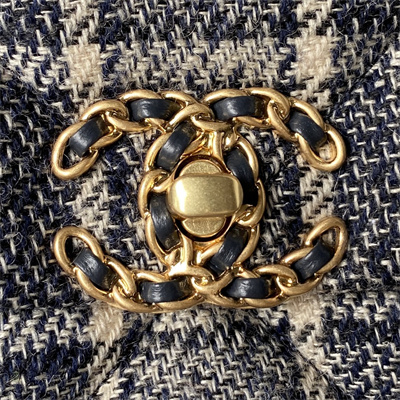 Chanel 19 Handbag Wool Tweed Gold Double C Metal Navy/Beige AS1160