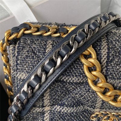 Chanel 19 Handbag Wool Tweed Gold Double C Metal Navy/Beige AS1160