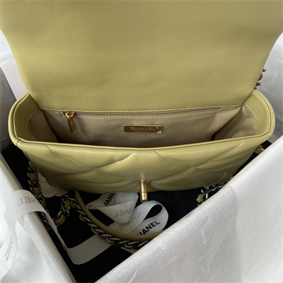Cha.nel 19 Handbag Lambskin Gold Double C Metal Mustard Green AS1160