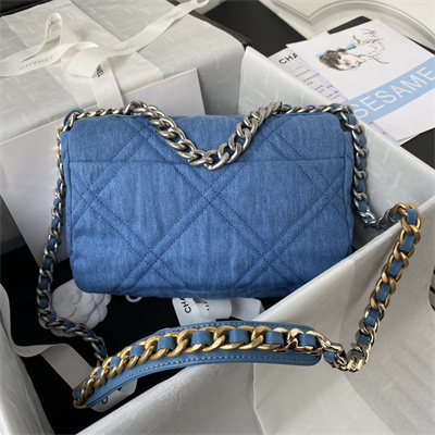 Chanel 19 Handbag Denim Silver Double C Metal AS1160