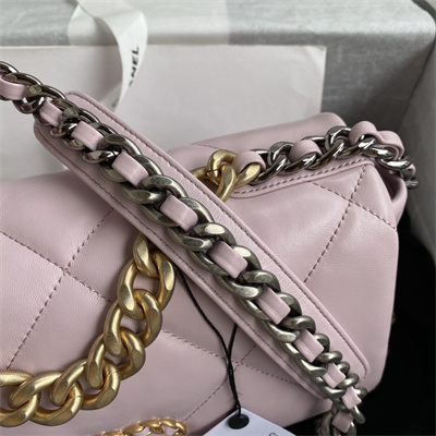 Cha.nel 19 Handbag Lambskin Gold Double C Metal Lt Pink AS1160
