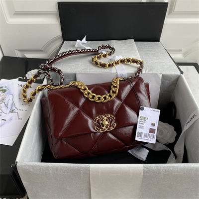 Chanel 19 Handbag Shiny Aged Calfskin Gold Double C Metal Burgundy AS1160