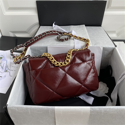 Chanel 19 Handbag Shiny Aged Calfskin Gold Double C Metal Burgundy AS1160