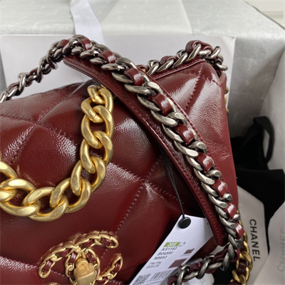 Chanel 19 Handbag Shiny Aged Calfskin Gold Double C Metal Burgundy AS1160
