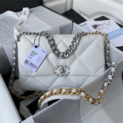 Cha.nel 19 Large Handbag Lambskin Silver Double C Metal White AS1161