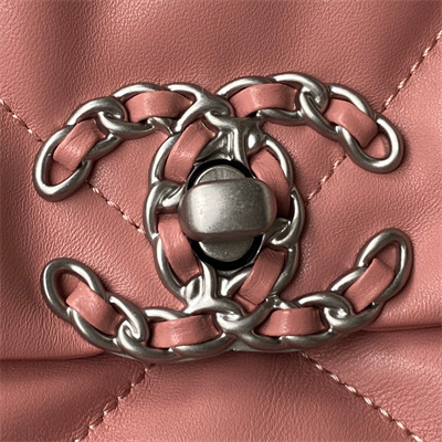 Cha.nel 19 Large Handbag Lambskin Silver Double C Metal Pink AS1161