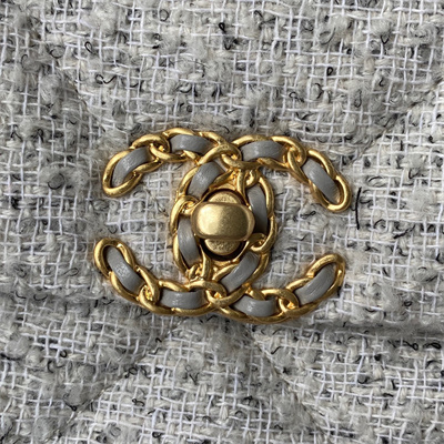 Cha.nel 19 Large Handbag Wool Tweed Gold Double C Metal  Lt Grey AS1161