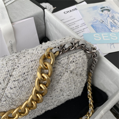 Cha.nel 19 Large Handbag Wool Tweed Gold Double C Metal  Lt Grey AS1161