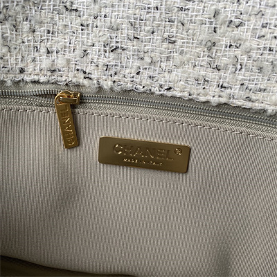 Cha.nel 19 Large Handbag Wool Tweed Gold Double C Metal  Lt Grey AS1161