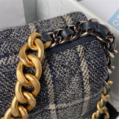 Cha.nel 19 Large Handbag Wool Tweed Gold Double C Metal Navy/Beige AS1161