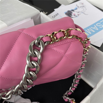 Cha.nel 19 Large Handbag Lambskin Silver Double C Metal Fuchsia Pink AS1161
