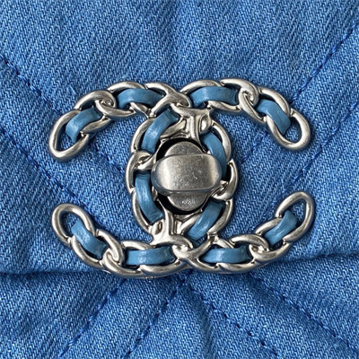 Cha.nel 19 Large Handbag Denim Silver Double C Metal AS1161