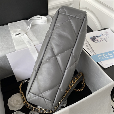 Cha.nel 19 Large Handbag Lambskin Silver Double C Metal Dk Grey AS1161