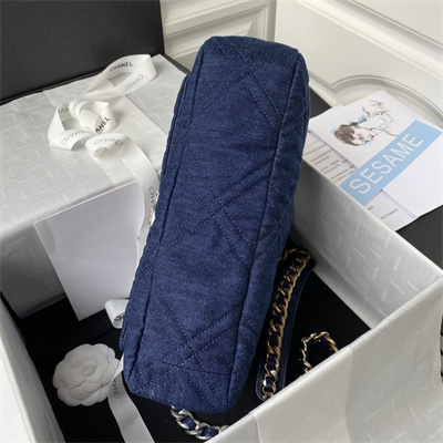 Cha.nel 19 Large Handbag Dk Denim Silver Double C Metal AS1161