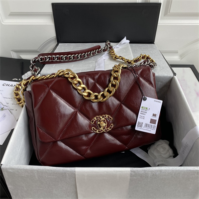 Cha.nel 19 Large Handbag Shiny Aged Calfskin Gold Double C Metal Burgundy AS1161