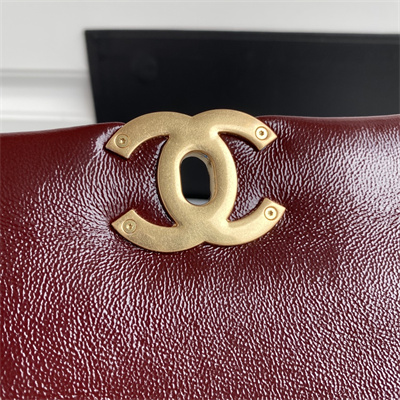 Cha.nel 19 Large Handbag Shiny Aged Calfskin Gold Double C Metal Burgundy AS1161