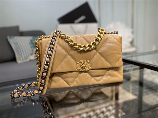 Cha.nel 19 Large Handbag Lambskin Gold Double C Metal Brown AS1161