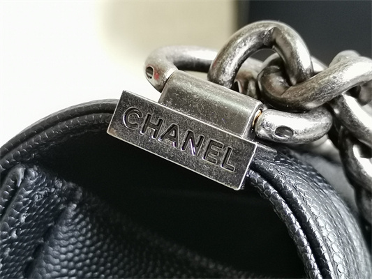 Cha.nel Small Leboy Bag Chevron Pattern Grained Calfskin Aged Silver Metal Black A67085