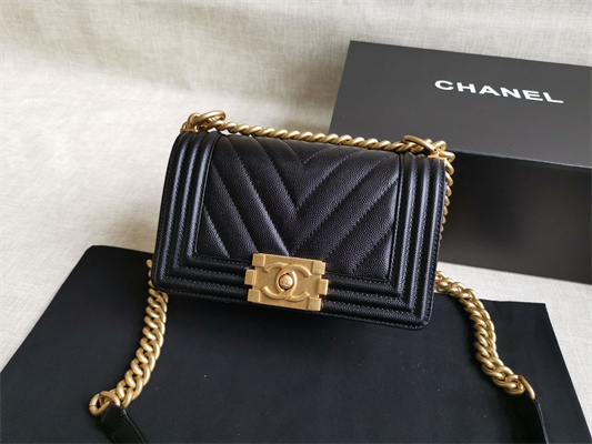 Cha.nel Small Leboy Bag Chevron Pattern Grained Calfskin Aged Gold Metal Black A67085