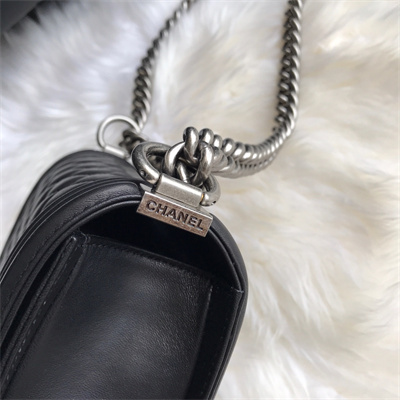 Cha.nel Small Leboy Bag Lambskin Aged Silver Metal Black A67085