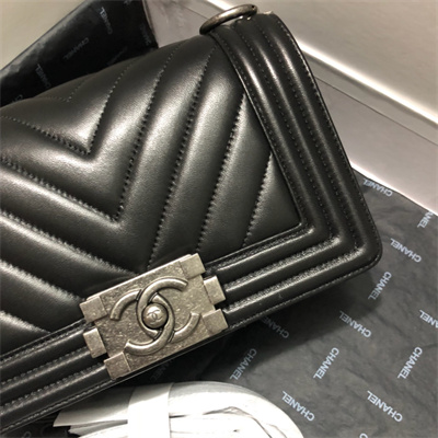 Cha.nel Small Leboy Bag Chevron Pattern Lambskin Aged Silver Metal Black A67085