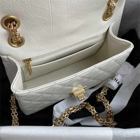 Cha.nel 2.55 Mini Handbag Aged Calfskin Gold Tone Metal White AS0874
