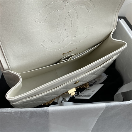 Cha.nel 2.55 Large Handbag Aged Calfskin Gold Tone Metal White A37587