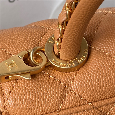 Cha.nel Mini Coco Handle Bag Grained Calfskin Aged Gold Metal Brown AS2215
