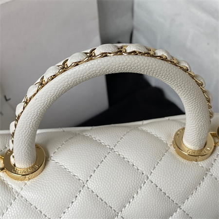 Cha.nel Mini Coco Handle Bag Grained Calfskin Lt Gold Metal White AS2215