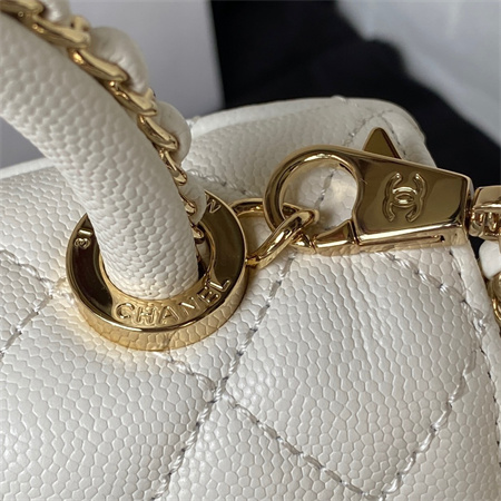 Cha.nel Mini Coco Handle Bag Grained Calfskin Lt Gold Metal White AS2215