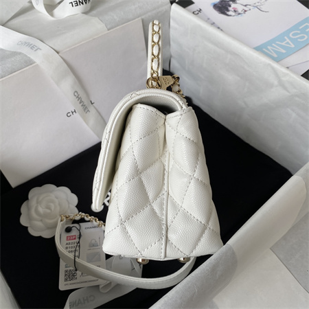 Cha.nel Mini Coco Handle Bag Grained Calfskin Lt Gold Metal White AS2215
