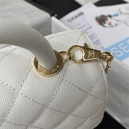 Cha.nel Mini Coco Handle Bag Grained Calfskin Lt Gold Metal White AS2215