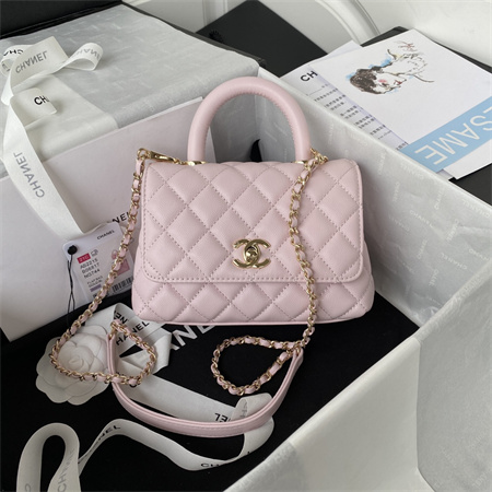 Cha.nel Mini Coco Handle Bag Grained Calfskin Lt Gold Metal Pink AS2215
