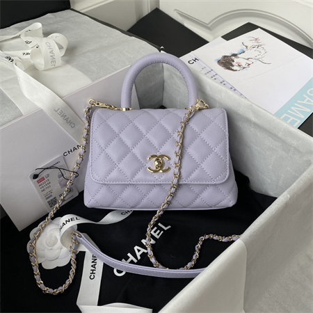 Cha.nel Mini Coco Handle Bag Grained Calfskin Lt Gold Metal Lilac AS2215