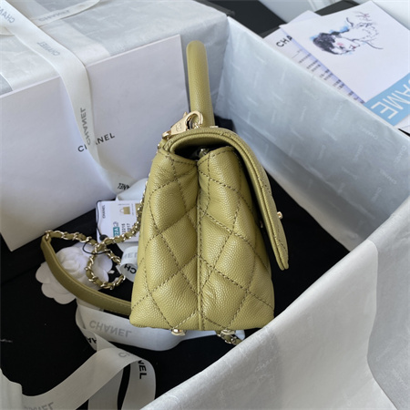 Cha.nel Mini Coco Handle Bag Grained Calfskin Lt Gold Metal Mustard Green AS2215
