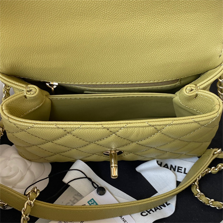 Cha.nel Mini Coco Handle Bag Grained Calfskin Lt Gold Metal Mustard Green AS2215