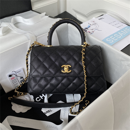 Cha.nel Small Coco Handle Bag Grained Calfskin Aged Gold Metal Black A92990