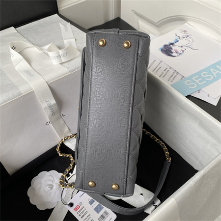 Cha.nel Small Coco Handle Bag Grained Calfskin Aged Gold Metal Grey A92990