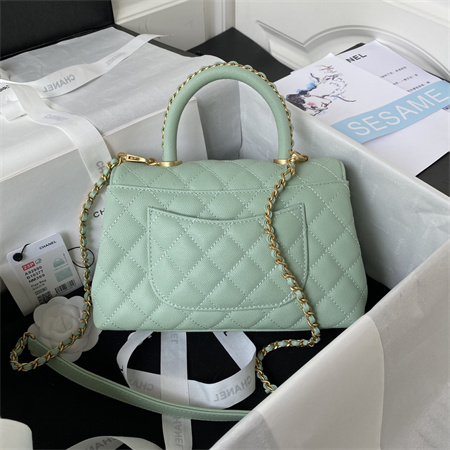 Cha.nel Small Coco Handle Bag Grained Calfskin Aged Gold Metal Green A92990