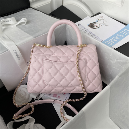 Cha.nel Small Coco Handle Bag Grained Calfskin Lt Gold Metal Pink A92990
