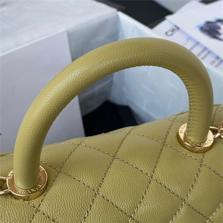 Cha.nel Small Coco Handle Bag Grained Calfskin Lt Gold Metal Mustard Green A92990
