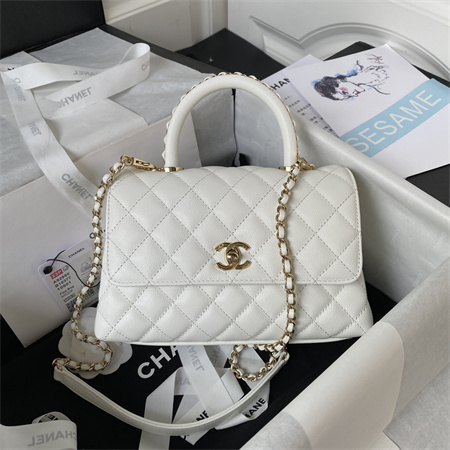 Cha.nel Small Coco Handle Bag Grained Calfskin Lt Gold Metal White A92990