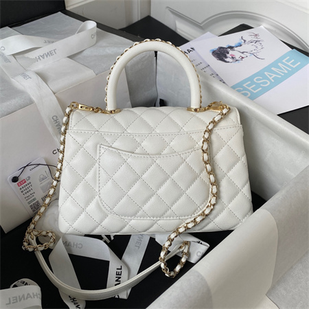 Cha.nel Small Coco Handle Bag Grained Calfskin Lt Gold Metal White A92990